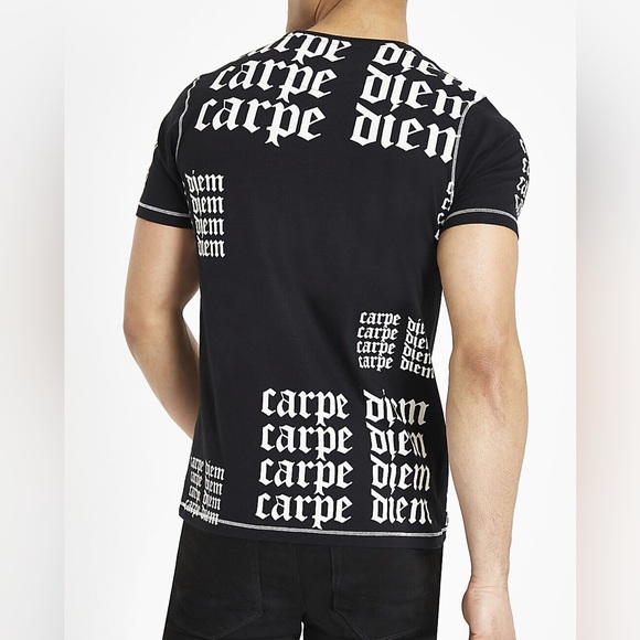 River Island Men's Black 'Carpe Diem' Slim Fit Short Sleeve T-Shirt - Picture 4 of 5
